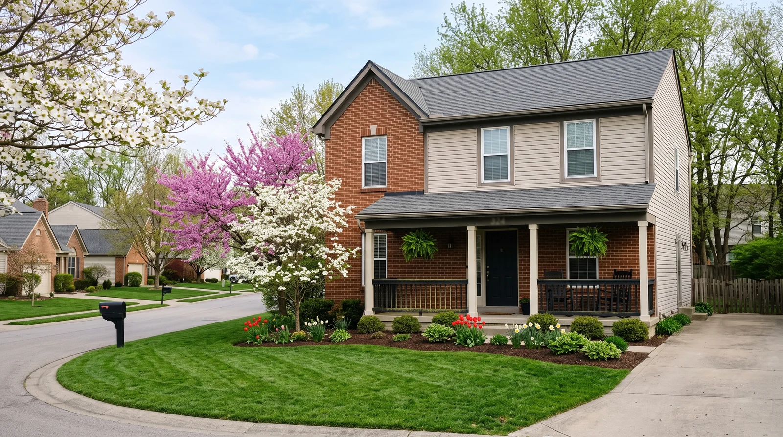 Cincinnati brick home in early spring with flowering trees along the street