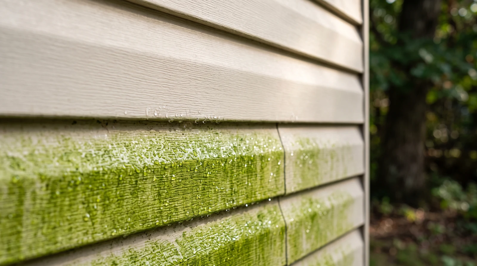 Green algae film spreading across shaded vinyl siding in Cincinnati