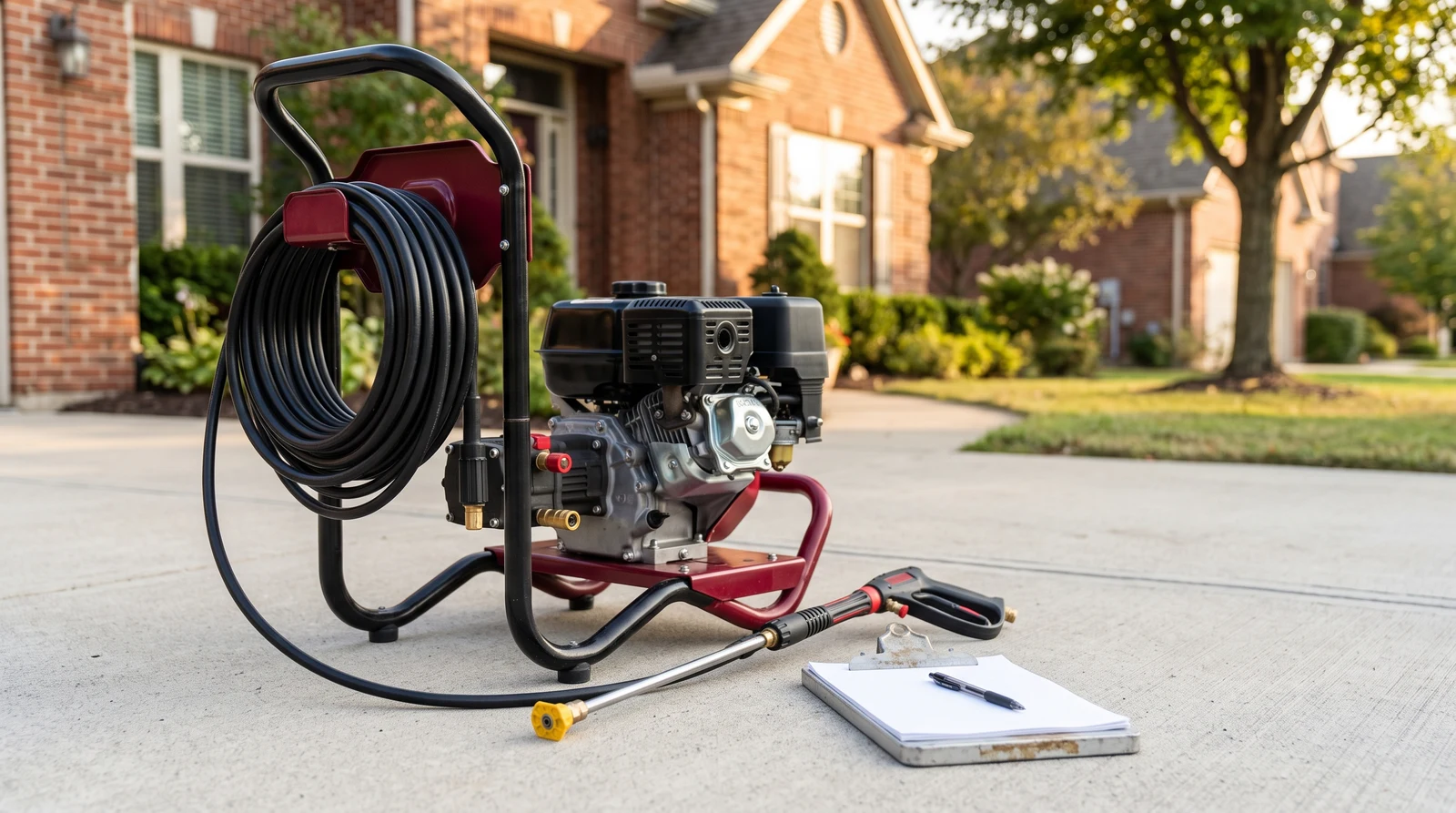 Pressure washing equipment and estimate clipboard staged on a Cincinnati driveway