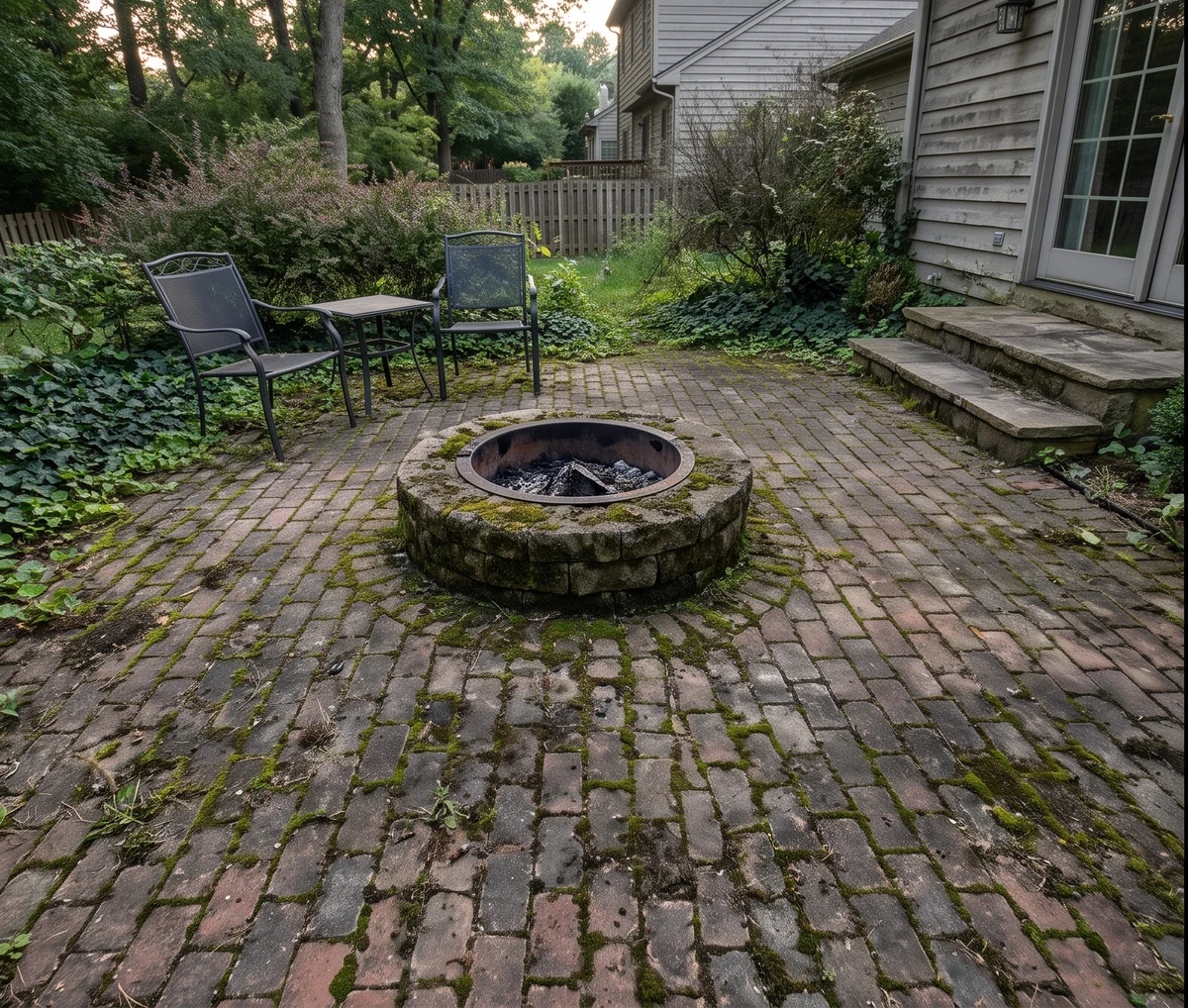 Moss covered dark paver patio before cleaning in Cincinnati