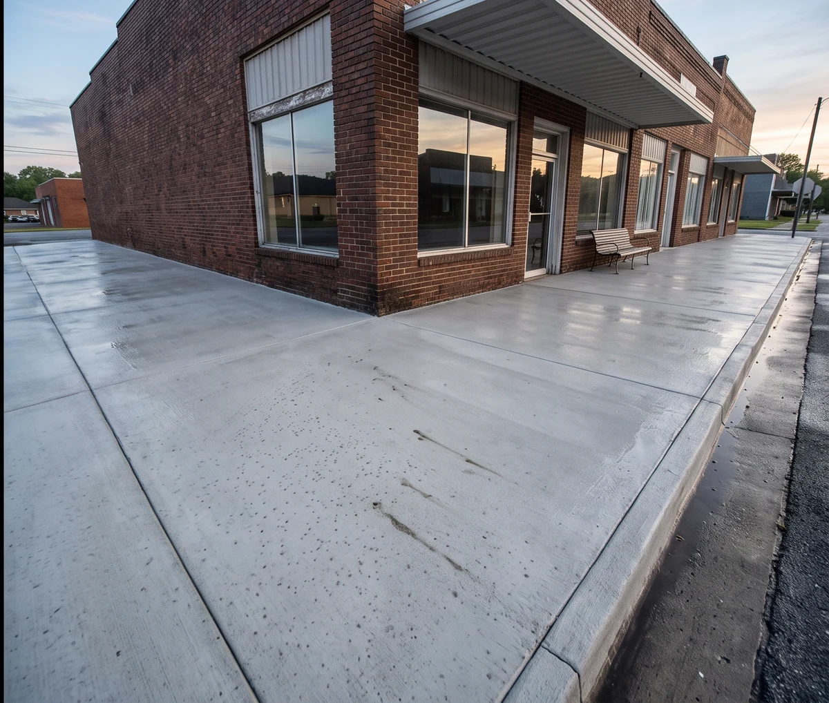 Bright clean storefront sidewalk after hot water washing in Cincinnati
