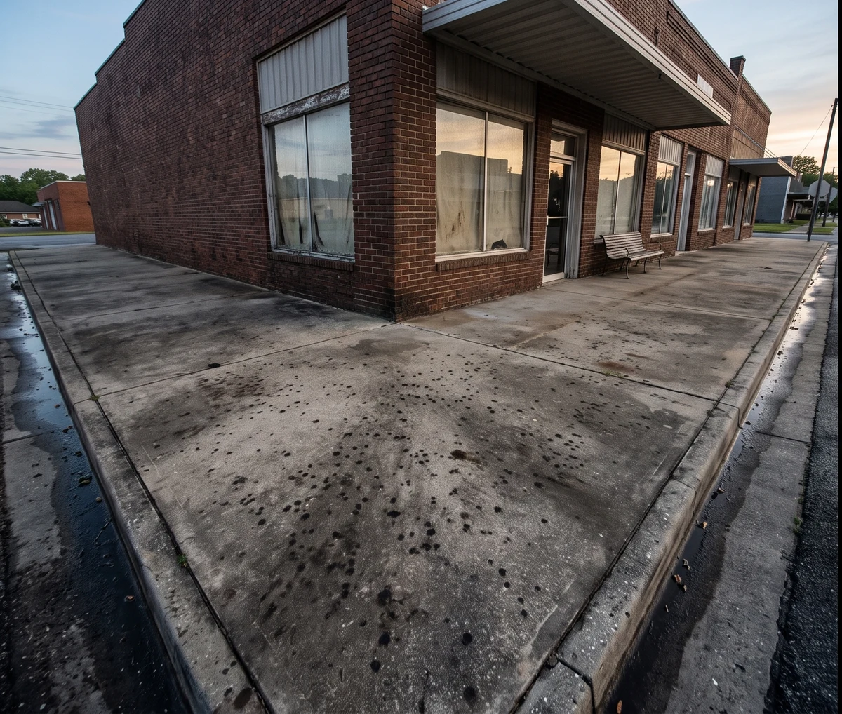Gum spotted stained sidewalk outside a brick storefront before cleaning in Cincinnati